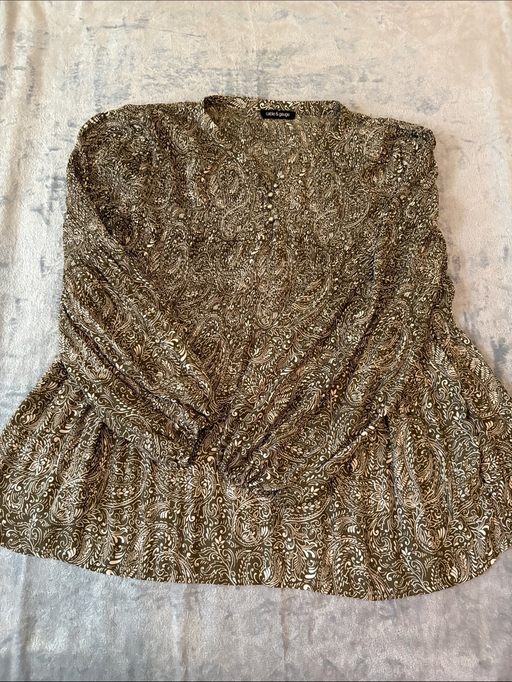 Cable & Gauge Olive Paisley Tiered Button-Front Blouse - Picture 5 of 5